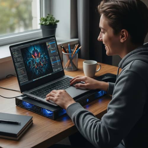 Joyful Computer User with Cooling Pad on Table