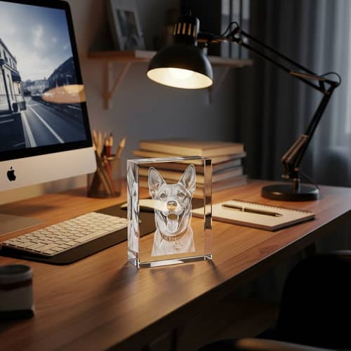 3D Dog Engraving in Crystal on Wooden Desk