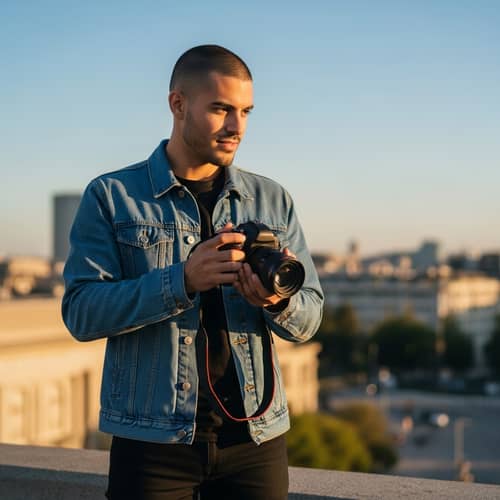 Young Male Photographer with Short Hair Capturing the Perfect Shot