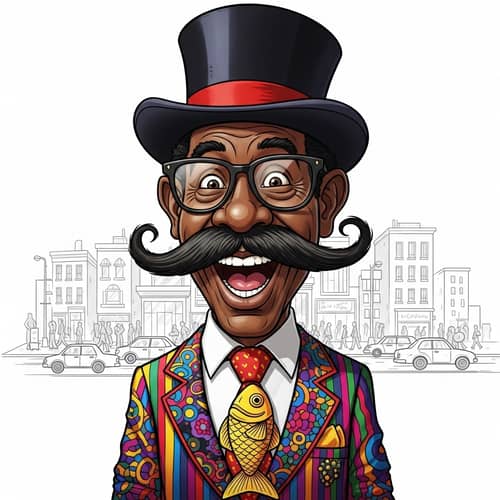 Colorful Middle-Aged Black Male Caricature with Comical Mustache