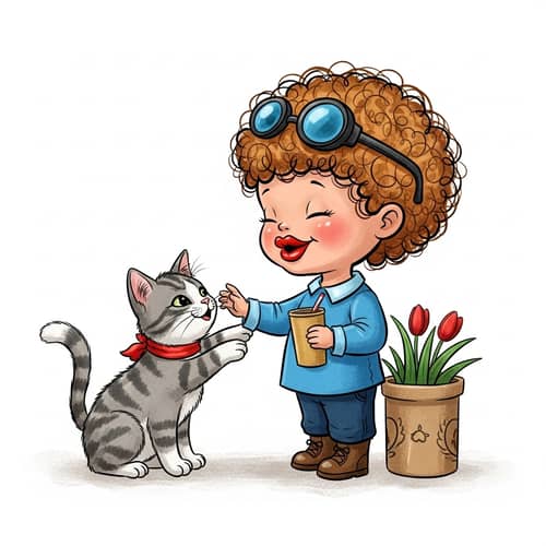 Playful Child with Charming Cat Cartoon
