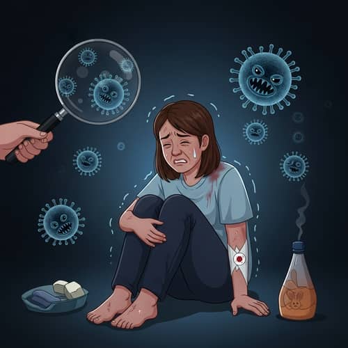 Gloomy Scene of Person Overwhelmed by Menacing Bacteria