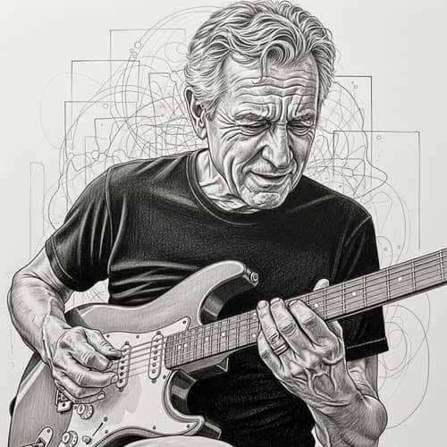 Pencil Drawing of a Guitarist with Abstract Background