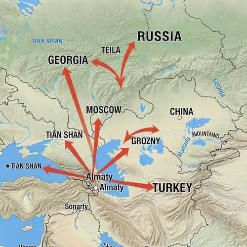 Almaty Map: Directions to Moscow, Grozny, Georgia, China & Turkey