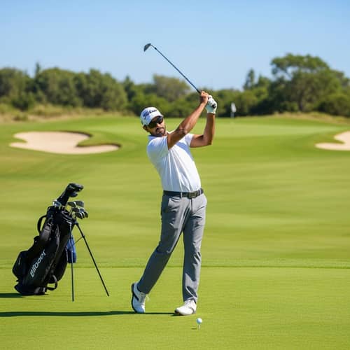 South Asian Male Golfer Swinging Club on Sunny Day