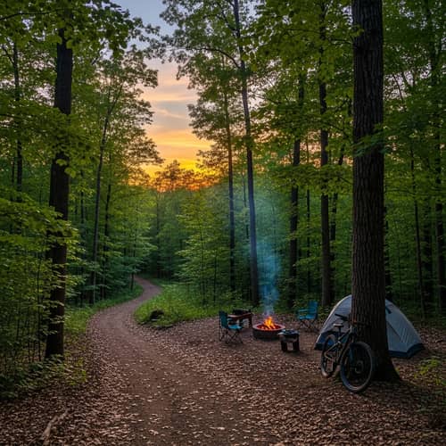 Serene Campsite in Lush Forest | Sunset Sky & Bike Trail