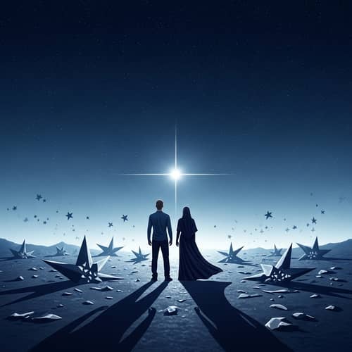 Celestial Silhouettes: Two Figures Embracing a Luminous Star