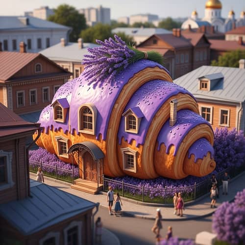 Charming Croissant-Shaped House Covered in Purple Chocolate