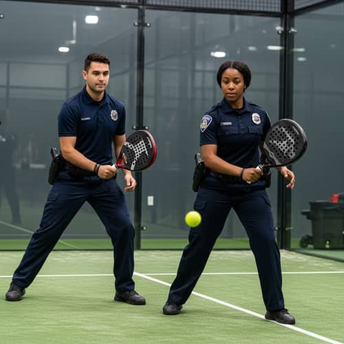 Hispanic Male Firefighter & Black Female Police Officer Play Padel