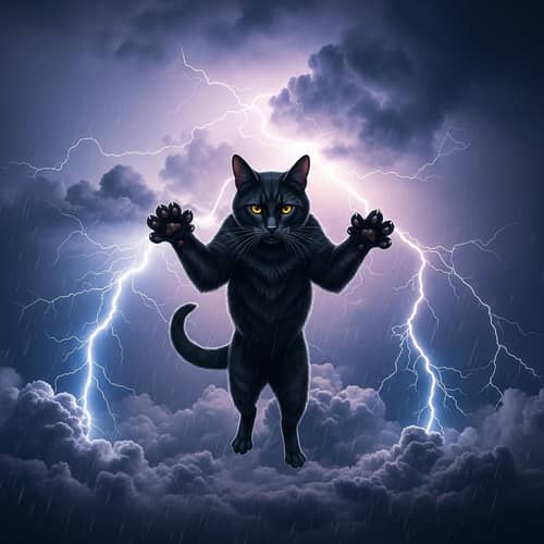 Cat Soaring Above Clouds with Lightning Strikes