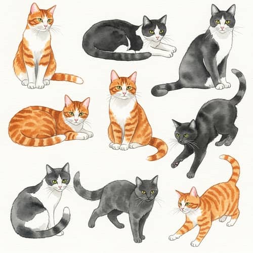 Watercolor Cats in Various Poses: Artistic Feline Portraits