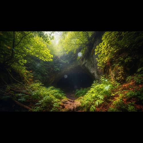 Mystical Forest Scene: Hidden Cave Entrance in Radiant Greens