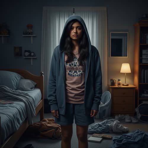 South Asian Girl in Cluttered Room with Hoodie and Shorts