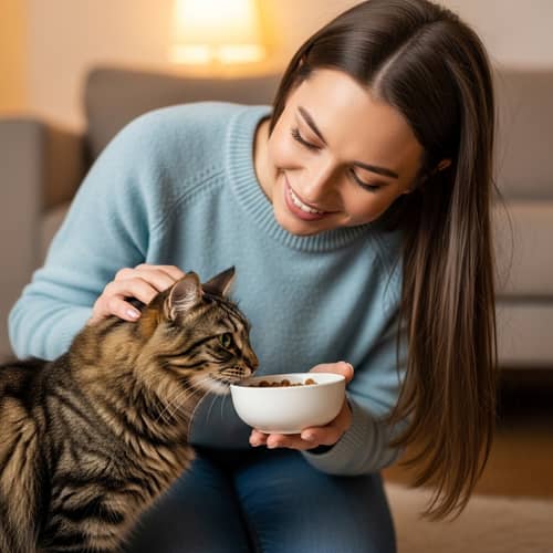 Caring Young Woman Feeding and Petting Cat | Heartwarming Moment