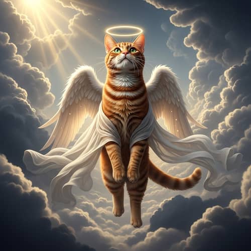 Red Cat with Angel Wings in Heavenly Clouds