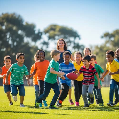 Diverse Group of Children Playing Football Outdoors