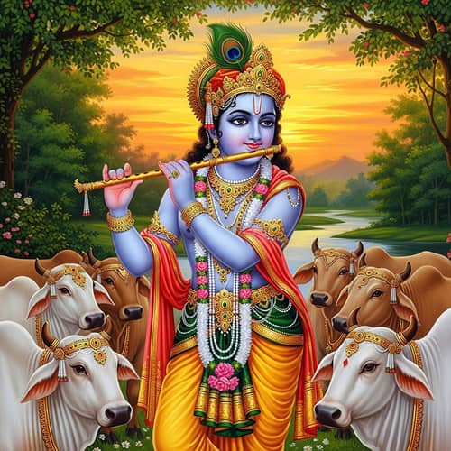 Detailed Painting of Deity Krishna with Cows in Lush Setting