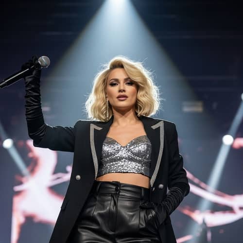 Rising Star Female Pop Singer with Blonde Hair & Fashionable Attire