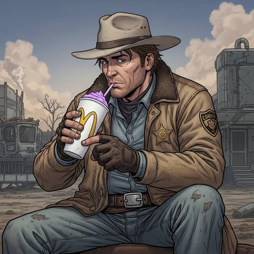 Post-Apocalyptic Sheriff Sipping Grimace Shake | Mc.Donalds