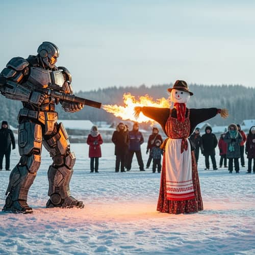 Robotic Terminator burns scarecrow in Russian folk attire at Maslenitsa