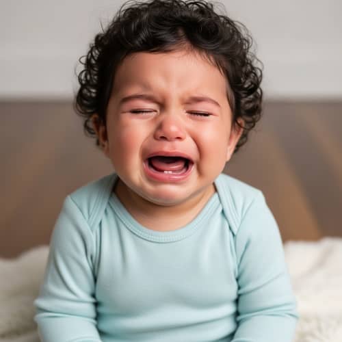 Cute Crying Baby in Blue Onesie on White Blanket