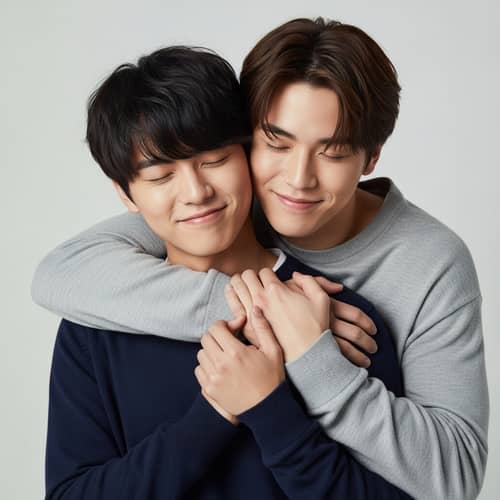 Asian Man Hugging Another - Expressing Joyful Brotherhood