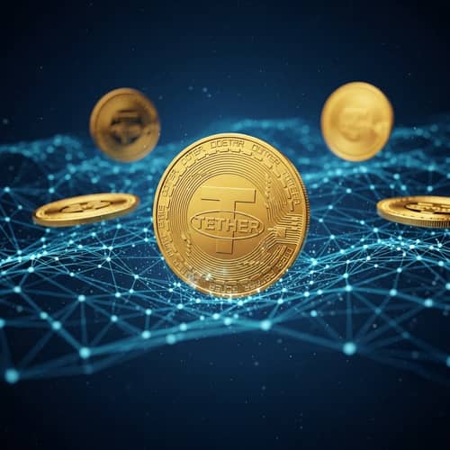 Golden USDT Coins on Blockchain Network | Tether Cryptocurrency
