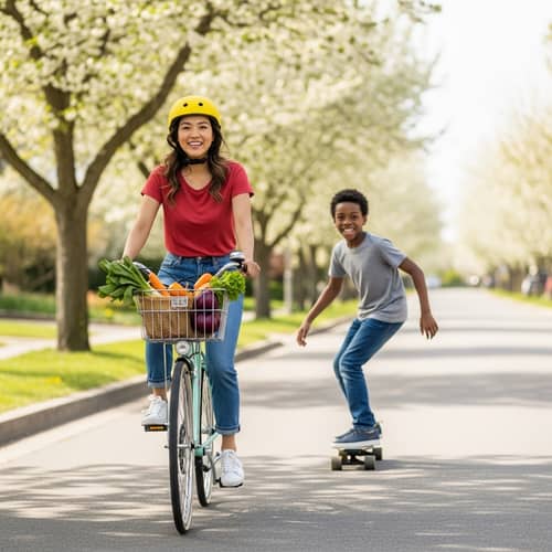 Asian Woman Riding Bicycle | Suburban Street Scene