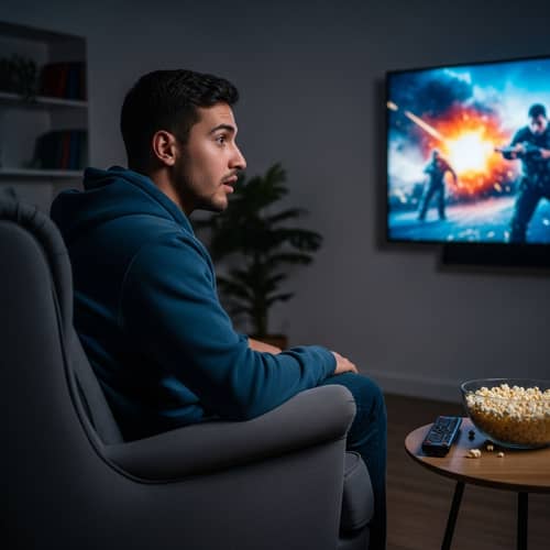 Young Hispanic Man Watching Movie in Comfortable Armchair
