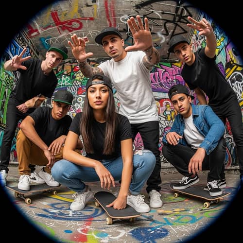 Dynamic Urban Streetwear Scene with Snapback Hats