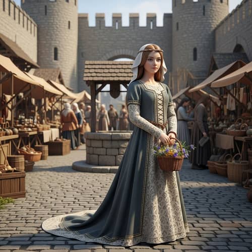 Medieval Era Girl in Wool Dress with Wildflowers | Marketplace Scene