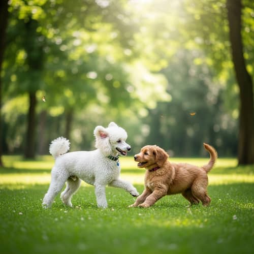 White French Poodle and Brown Golden Doodle Playful Encounter