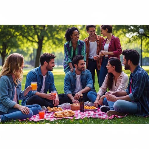 Diverse Group Enjoying Cyberpunk Picnic in Neon Park Atmosphere