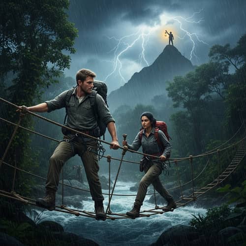 Courageous Hikers Crossing Rope Bridge in Jungle Storm