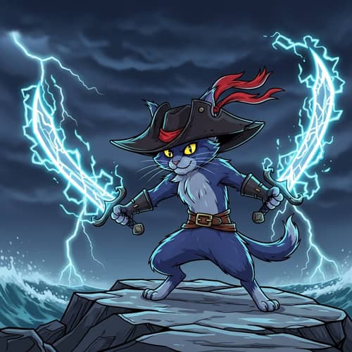 Animated Lightning Feline Swordsman with Seafarer Hat