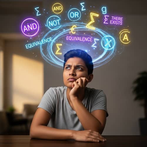 South Asian Person in Deep Thought with Logical Symbols