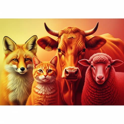 Fox, Cat, Cow, Sheep in Yellow Orange Red Gradient