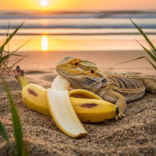 Bearded Dragon Eating Banana on Serene Beach