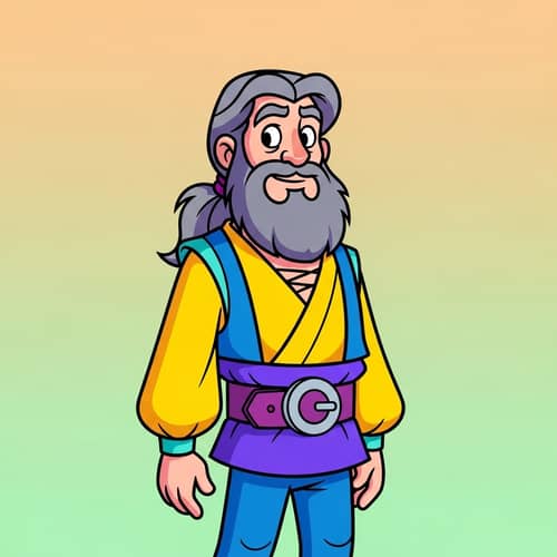 Cartoon-Style Illustration of Colorful Caucasian Man with Full Beard and Ponytail