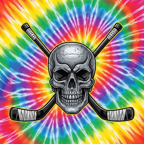 Psychedelic Steel Skull with Ice Hockey Sticks - Sports-Inspired Art
