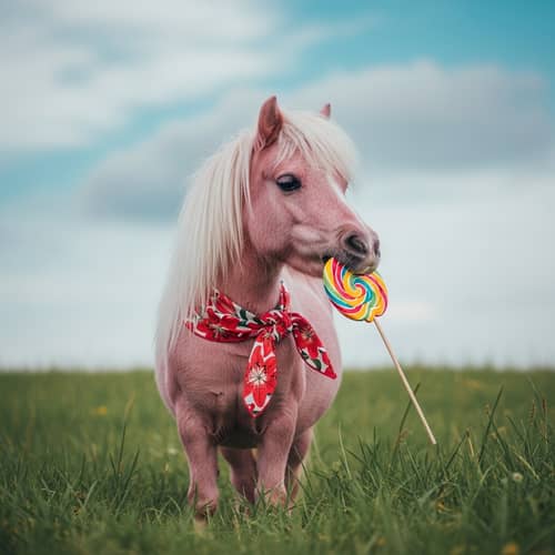 Cute Miniature Pony with Pink Coat and Giant Lollipop