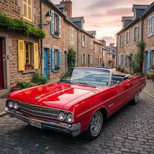 Iconic Classic Car from the Late 1960s on Cobblestone Street