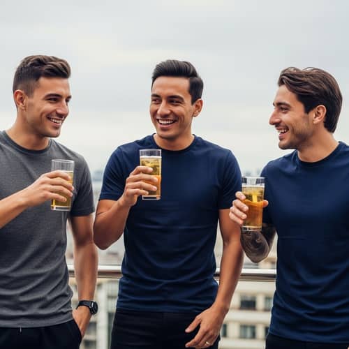 Trio of Latin-American Football Players Enjoying Drinks on Terrace
