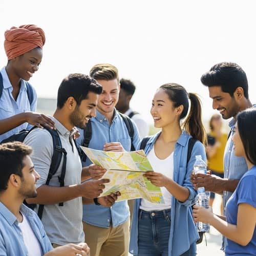 Multicultural Group Helping Each Other Outdoors