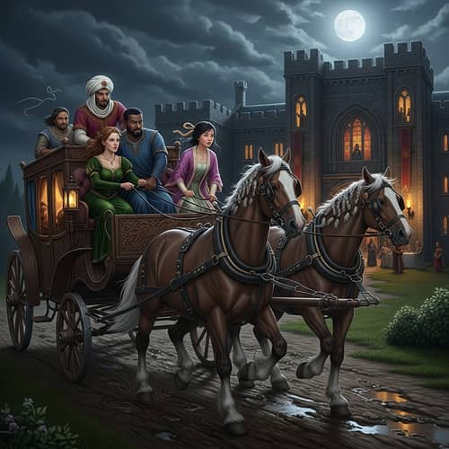 Medieval Figures Escaping in Horse-Drawn Carriage