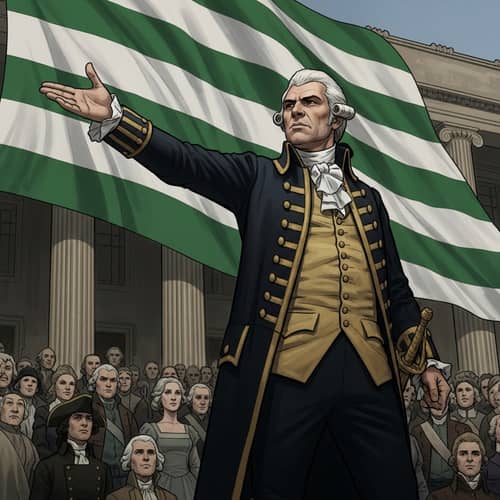 Historical Figure Giving Speech with Green and White Flag Background