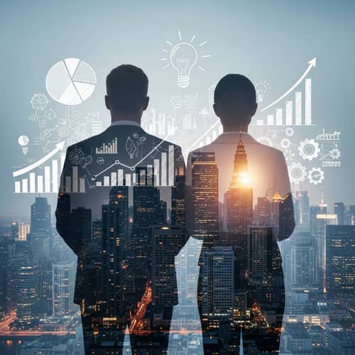 Double Exposure of Businessman and Businesswoman in Urban Landscape