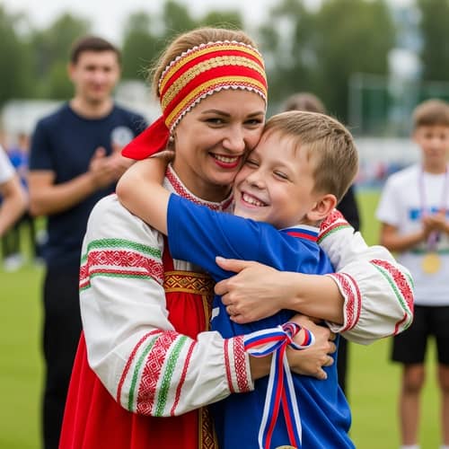 Russian Mother and Son Embrace in Victory Celebration