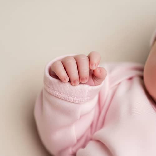 Newborn Baby Hand in Pastel Pink Clothing on Beige Background