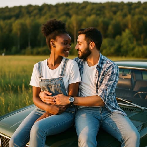 Tender and Romantic Moment: Young Couple Embracing on Vintage Car